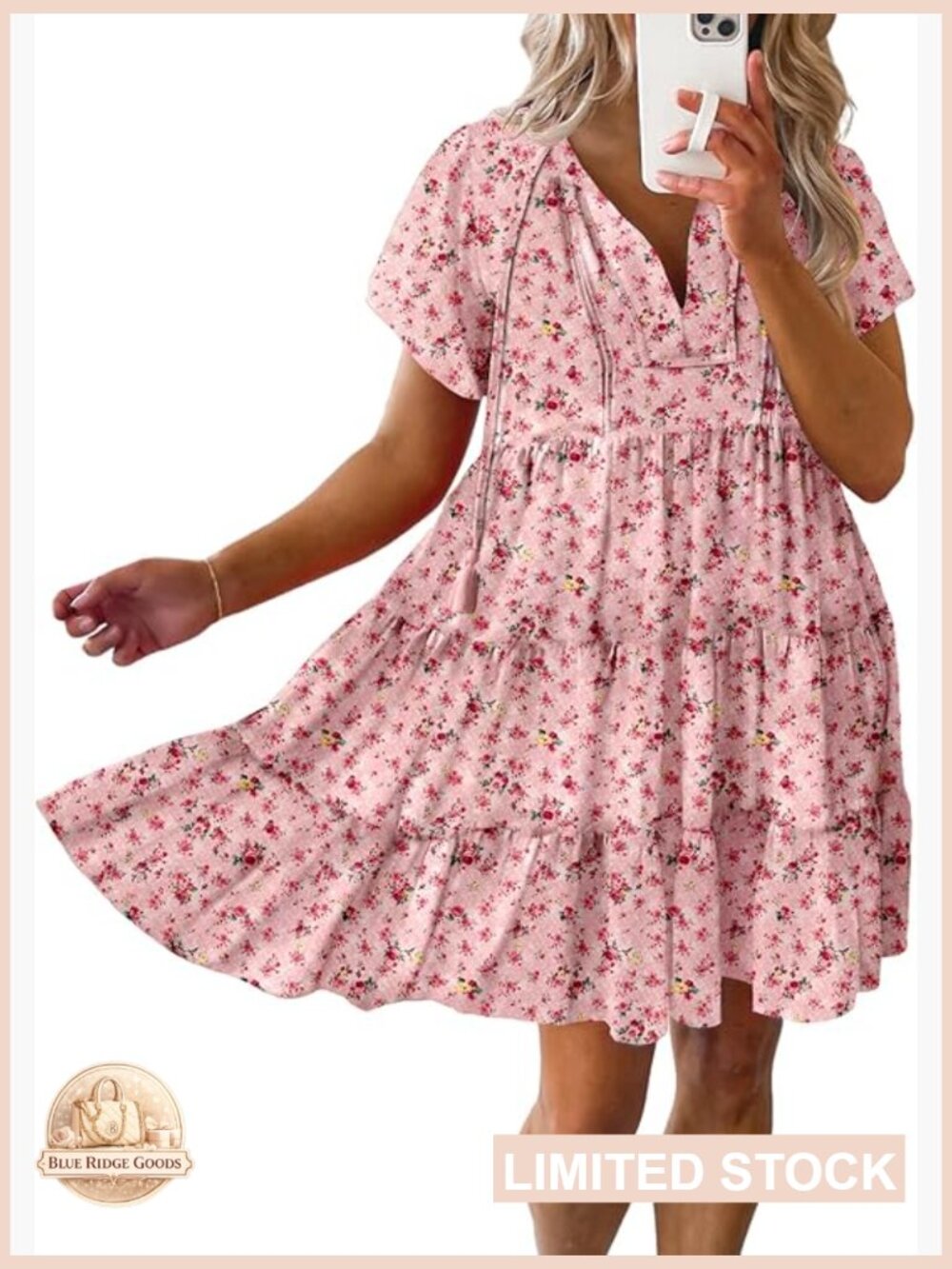 Boho Floral Mini Dress V Neck Short Sleeve Swing A-Line Summer Casual